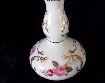Vintage Porcelain Perfume Bottle Hand Painted Pink Roses 1950's Foil Rice Label Japan Romantic Florets gold trim highlights