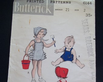 Vintage Baby Sunsuit Romper with Bonnet Hat Sew Pattern sz 2 Butterick 6144 Mid Century original