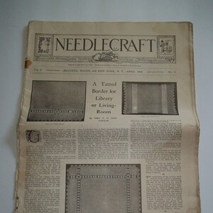 May include: A vintage Needlecraft magazine from April 1919, featuring a tatted border design for a library or living room. The article includes instructions and a diagram of the design.