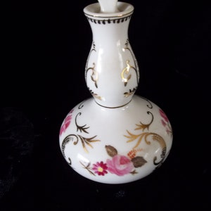 Vintage Porcelain Perfume Bottle Hand Painted Pink Roses 1950&#39;s Foil Rice Label Japan Romantic Florets gold trim highlights