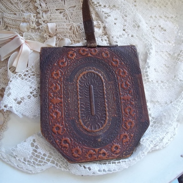 Antique Early Embossed leather flat purse pocket made in Austria Smaller Purse Wristlet Vintage 1930's era