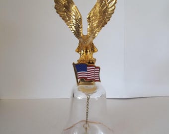 Vintage Gold Eagle and Flag Glass Crystal Bell with Flag Nice ring! 5" tall