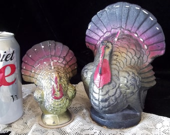 Vintage Gurley Candle Turkey Set of 2 Colorful 1960's era Thanksgiving table figure Harvest Decor USA