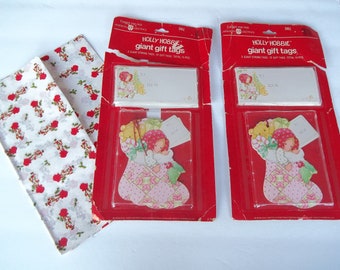 Lote de etiquetas de papel de seda e presentes vintage Hollie Hobbie dos anos 80, pacote aberto de Natal NIP