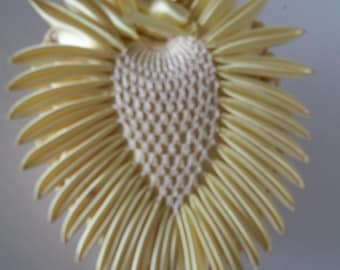 Antique Pin cushion with Satin Crochet Heart Handmade 1940s era Yellow Beige