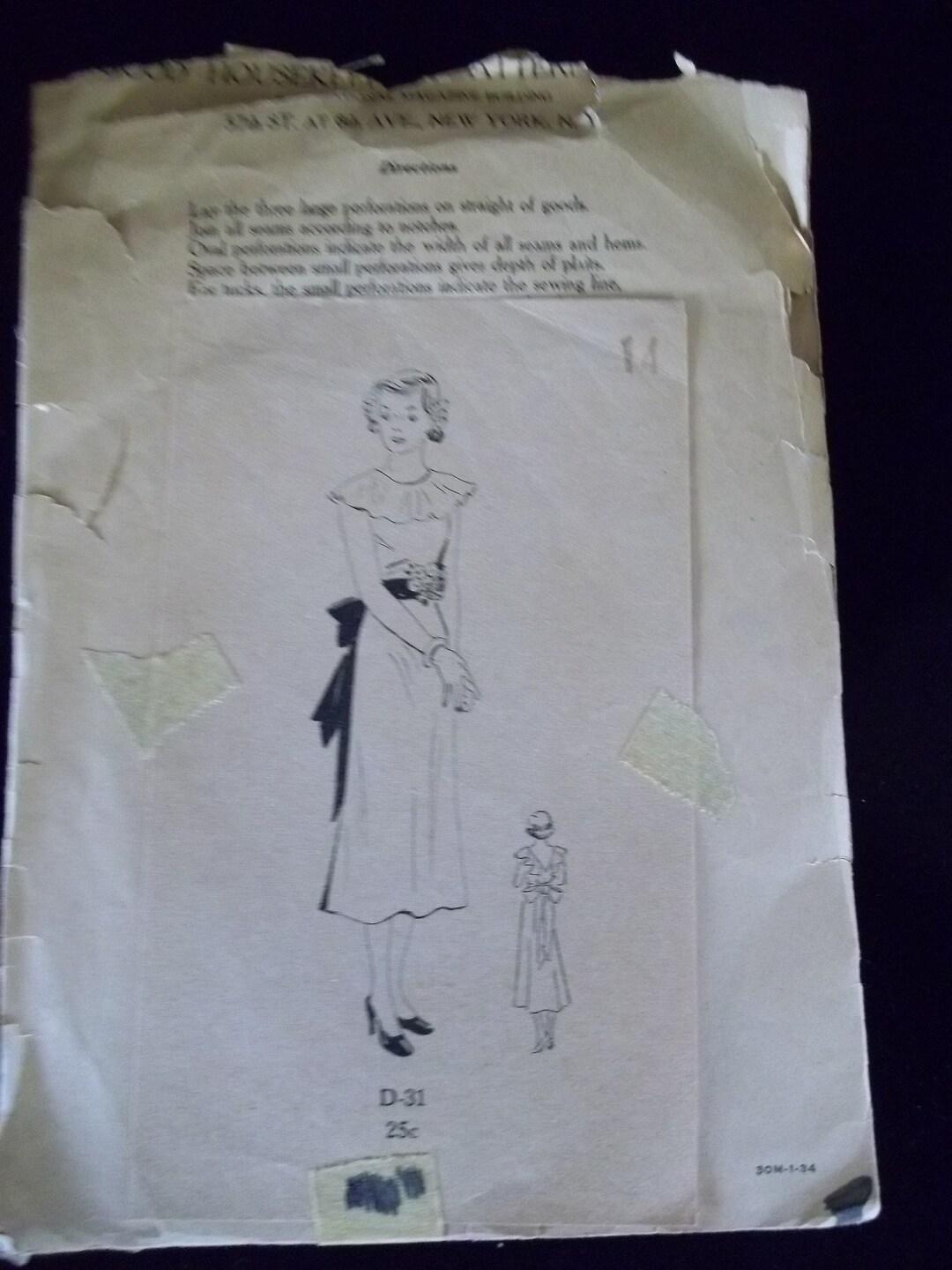 Antique Good Housekeeping Sew Pattern D31 Dress Dated 1934 Low Back