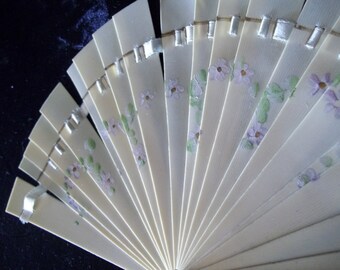 Antique Opera Celluloid  Small Fan Vanity Display Piece Hand Painted Pink Flowers Ribbon Insert