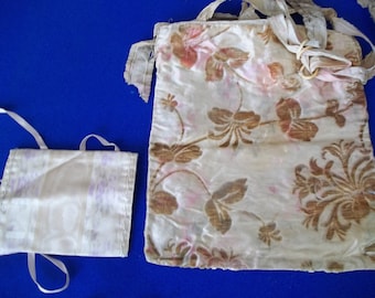 Original  Antique pre 1920's Victorian Pouches Floral sculptured Velvet and Satin Taffeta with Embroidery beige Pink Tan colors