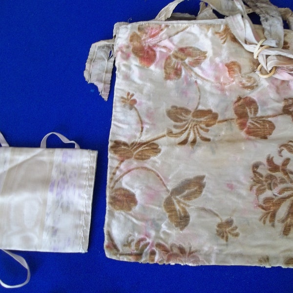 Original  Antique pre 1920's Victorian Pouches Floral sculptured Velvet and Satin Taffeta with Embroidery beige Pink Tan colors