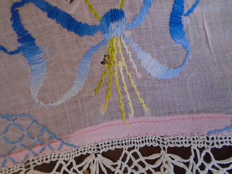 Antique pre 1925 Embroidery Posey Bouquet Doily Table Topper Handmade Pink and Multi color with needle lace trim