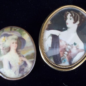 Old Antique Victorian Brooch Dainty Lady with Big Hat and Bonus Lady in Frame Early 1800 Fashion styles