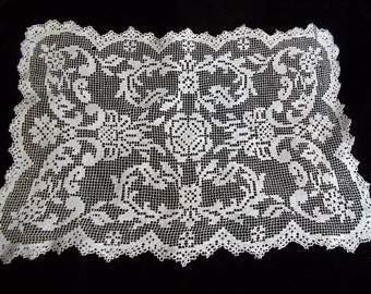 Antique Needle Lace Runner Filet design 11 x 14" Fine Workmanship 4 petal flower + Roses Center Art Nouveau era as-is couple holes