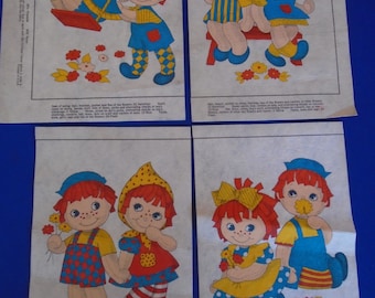 Vintage Tri Chem cute Raggedy Ann Style hand finished fabric paint detail set of 4 ready to frame or Crafts