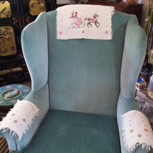 Sleigh Ride with Horse and Carriage Vintage Hand Embroidery Chair back and Arms Linen Red and Black with Snowflakes 1940&#39;s era set of 3