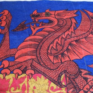 Vintage Prince of Wales Dragon Towel dated 1969 on Linen Castle Souvenir Red and Blue colors with Lion Shield