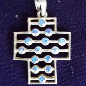 Vintage Ornate Crusader style Cross Pendant Blue Rhinestones