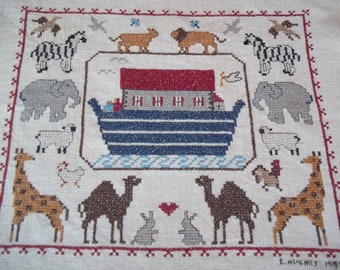 Vintage Hand Embroidery Ark and Animals Cross Stitch Handmade on Linen Bible Theme finished piece