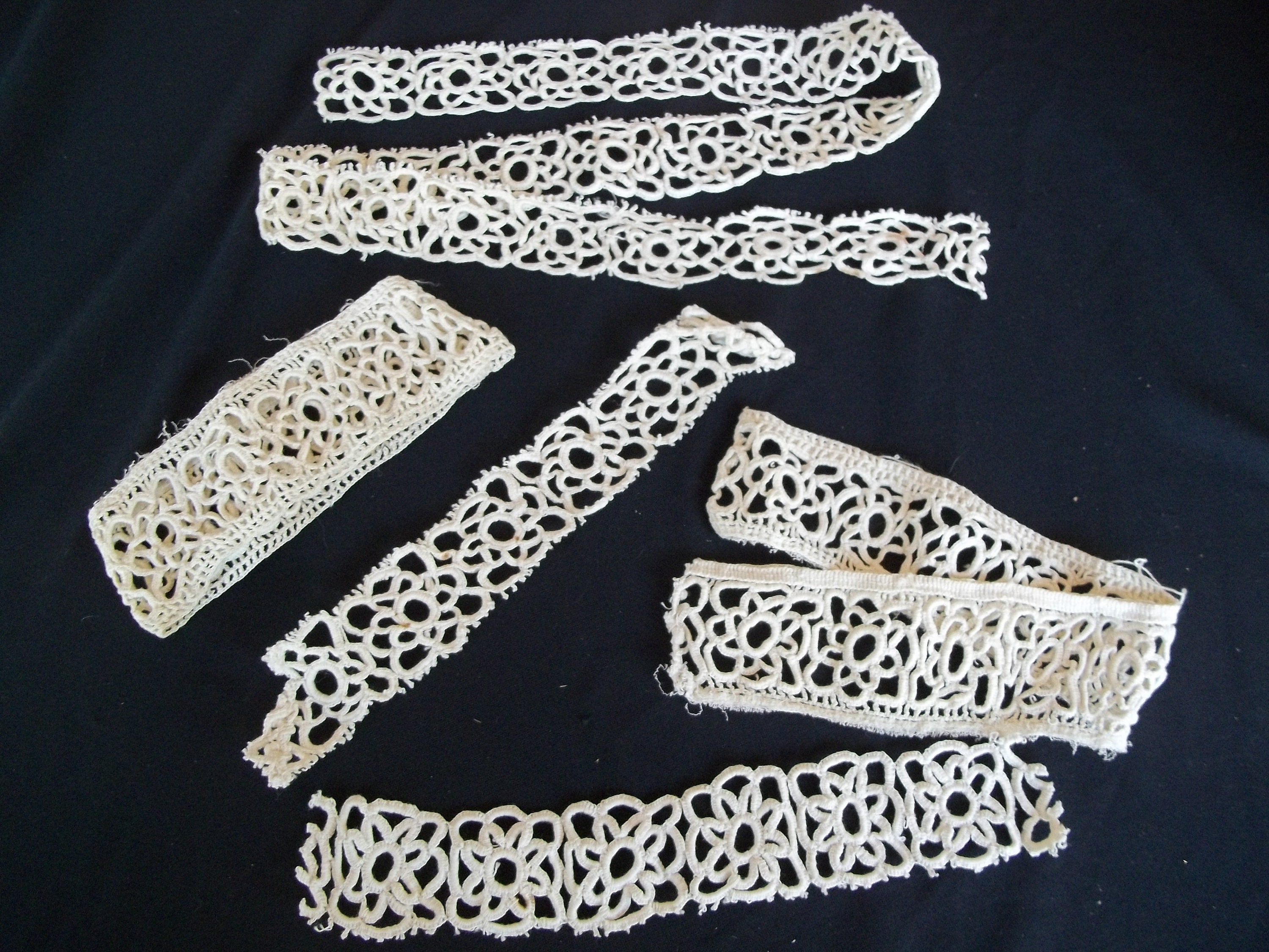 Antique Tatted set lot of 5 thick white Tatting pre 1948 era Bodice Dress trim with cuff style pieces -taken off Garment long ago As-Is