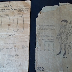 Antique set 1907 Boys 10 Knickerbocker trousers Cuff Knee and Butterick 2751 Size 2-4 years pre 1915 Long Coat w/ Belt sew Patterns 1900C