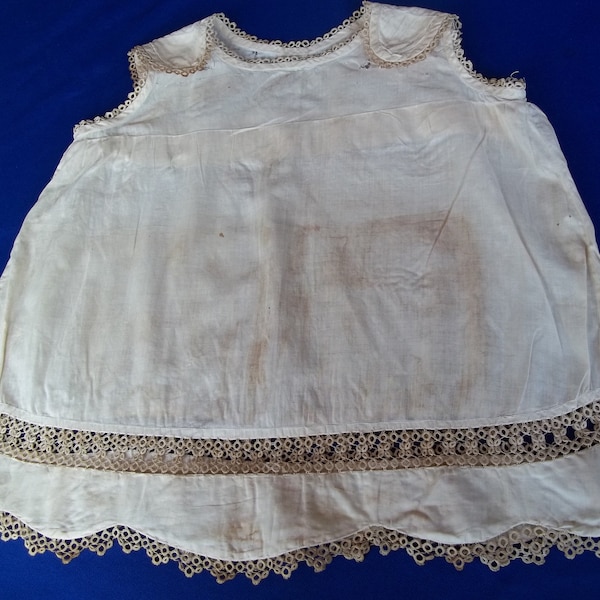 Antique  Handmade  Girls size 2-3  Dress with tatted Trim inserts As Is Interesting study or Display piece Circa 1800's