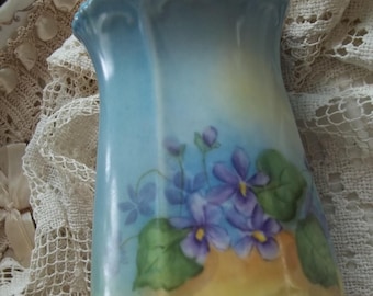 Vintage Hand Painted Porcelain Violet Vase Signed Floral Cabinet Vase 1920s 1940s pre WW2