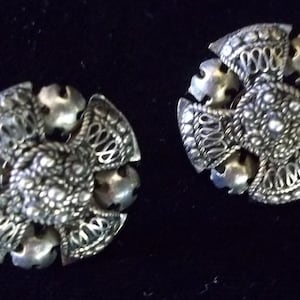 Vintage  Earrings Clip On Mesopotamian Style Silver Exotic Babylonian  Cross and Ball Design Filigree