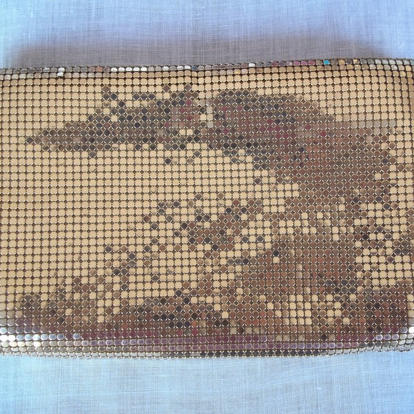 Vintage 1960 70's  Whiting Gold Mesh Purse lined with Logo Print Zipper top and pockets