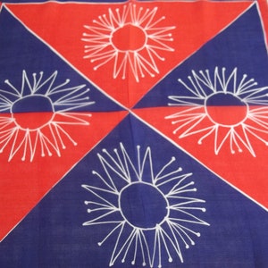 Vtg  1950&#39;s Vera Scarf Patent Pending Red White Blue Neck Scarf Atomic new Age Patriotic Retro Look square shape 18 x 18 inches 100% Silk
