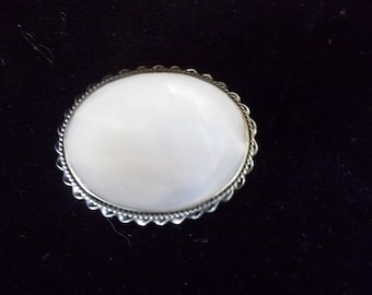 Vintage 1930s Mother of Pearl Brooch Silver Plated Oval Pin Art Deco Era Jewelry