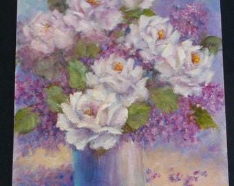 Hermosa pintura al óleo floral vintage de Gilbert VAN LEUVEN, artista de California, en tonos rosa lavanda, rosas blancas en jarrón, arte sobre lienzo