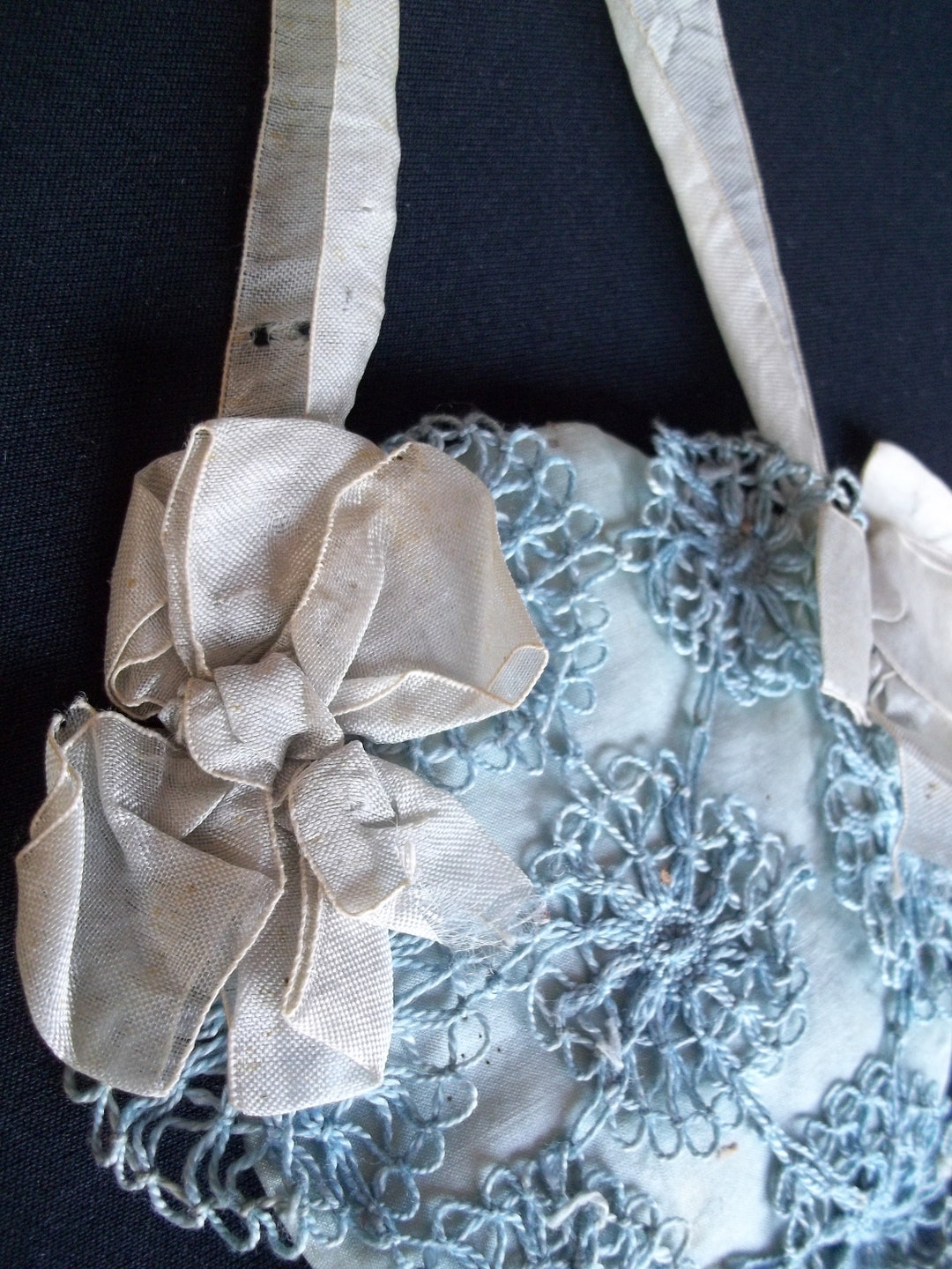 Antique Sachet Holder Silk Blue Tones Victorian Spanish Drawn Work