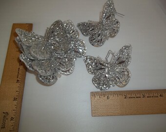 Vintage  New Old Stock  9 Glitter foil Silver Butterflies  2 x 3" with wire ends