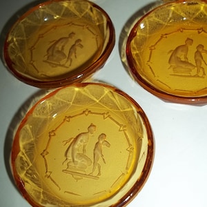 Antique Intaglio Salt Cellar Venus Cupid etched  Dark Amber Glass HEINRICH HOFFMAN Bohemian Vintage set of 5 Lot