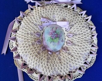 Beautiful Handmade Crochet with Lavender Floral Porcelain center Insert Wall Decor 10" Round  Ribbon accents  French Cottage Look