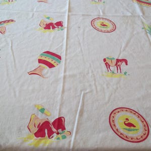 Vintage 1940&#39;s  Mexican Cotton Tablecloth 46 x 48&quot; Cute Village scenes People Mexico Pottery Old California Southwest Senor as-is stains