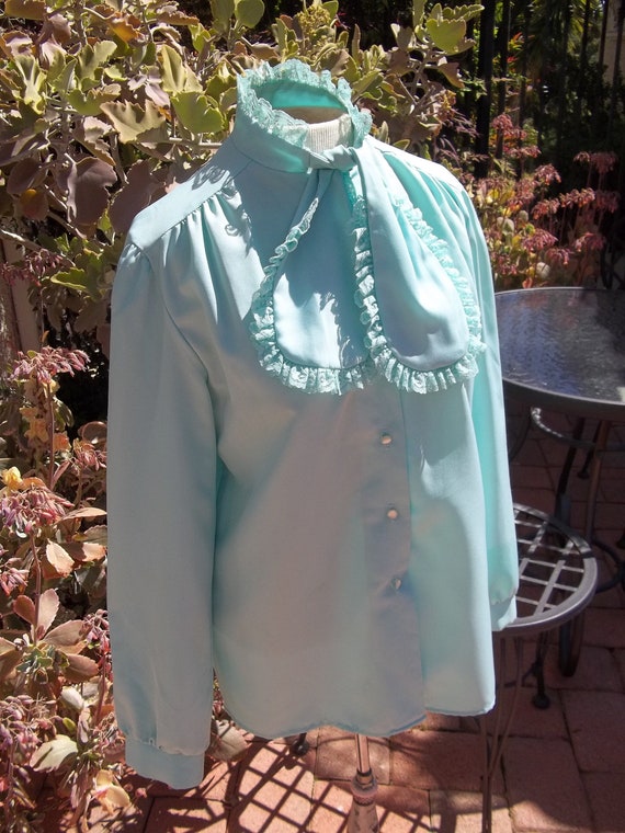 Vintage 70's Light Teal Blue Blouse Top Lace Ruffle Round