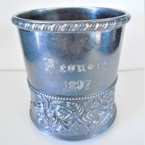 Antique 1897 Silver Plate Mug Name  Leonore ? etched on front made by Middletown  Cup with handle
