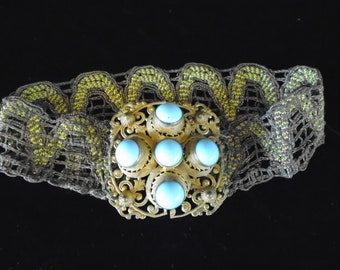 Antique Victorian Necklace Choker light colored Turquoise beading late 1800's Beautiful Original 12" Filigree Gold Tone