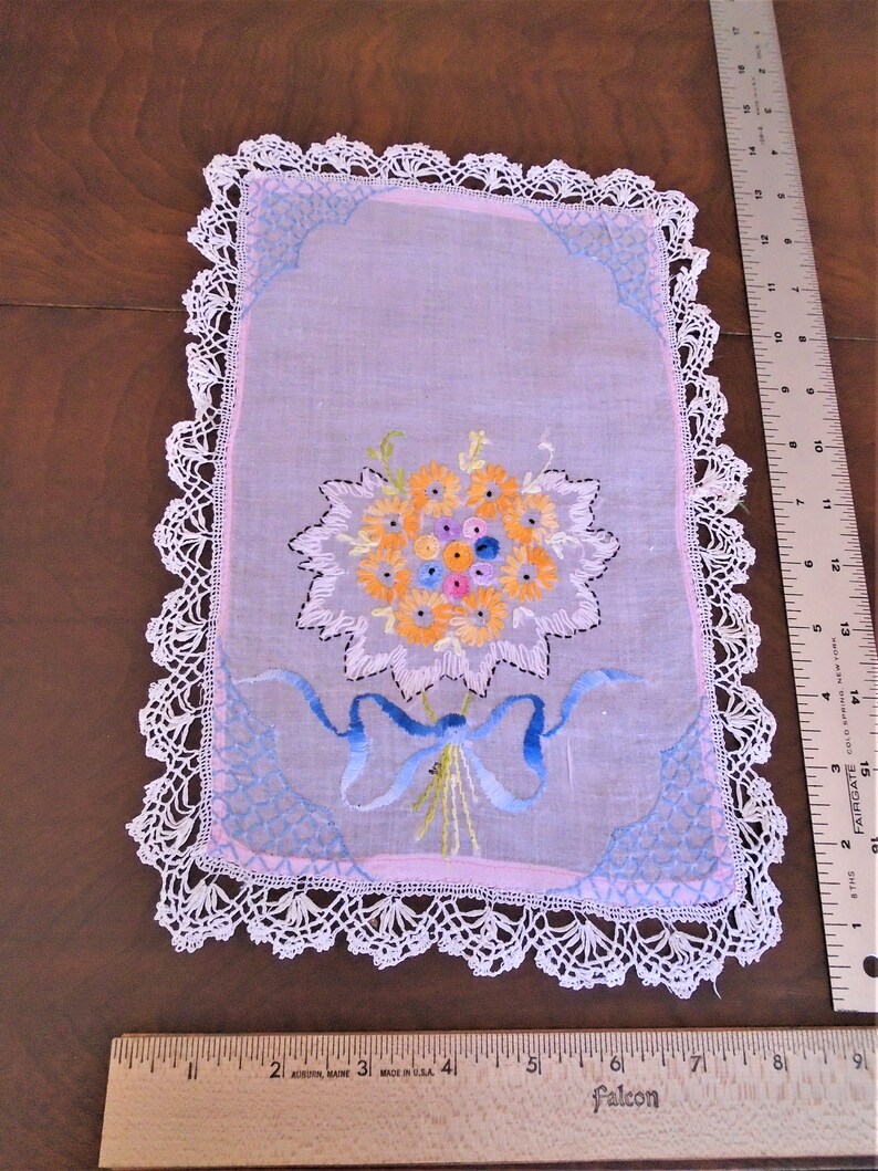 Antique pre 1925 Embroidery Posey Bouquet Doily Table Topper Handmade Pink and Multi color with needle lace trim