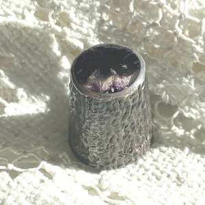 Sheffield English thimble Amethyst Thimble Sterling Silver Lion Mark New Castle N Mark Amethyst Rock Top BJK maker initials Vintage 70's