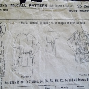 Original Antik Symönster 1920-tals Pullover Tunika McCalls 9385 Pullover Kimono Blus