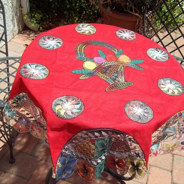 Vintage Teneriffe Lace handmade Spanish  Lace  Table Topper  round 45"  Tablecloth Bright red Multi color