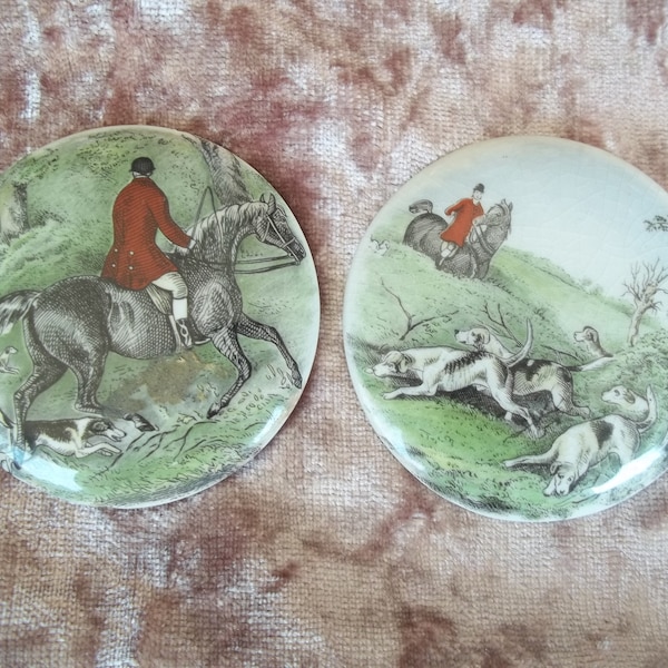 Small Round English Hunting Scene porcelain Plaques Crackle finish