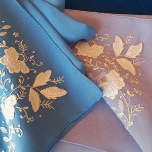 Vintage set of hand embroidery White on Purple and Blue Scarfs Lightweight