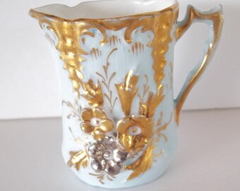 Antique Victorian Porcelain Creamer Pale Blue Hand Gilded Floral Gold 1800s Beautiful Individual size for Tea Table