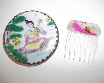 Vintage Asian Mirror very small with Hand Painted Hair Comb -vintage Chinese vanity set