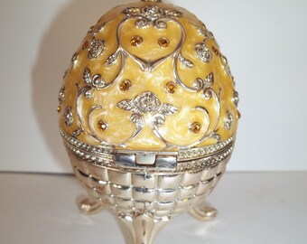 Faberge Style soft Yellow Jeweled Rhinestones  Egg Trinket Rings Footed Box Rose Swirl Design Cloisonné