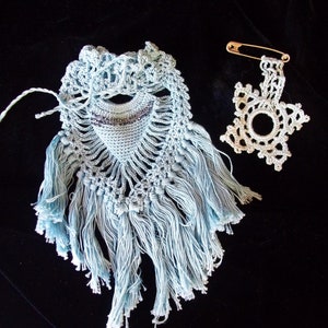 Vintage small  Blue Crochet pouch with long Fringe and silver beading Bonus crochet pin accent