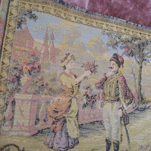 Antique  French Small Tapestry  size 6.5x7 inch Fabric Panel France Girl with Flowers to Soldier Uniform man