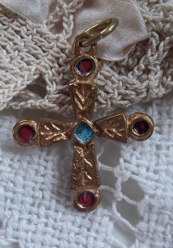Ornate Enameled Cross Jewelry Centerpiece with Crystals, Gre